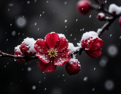 Red flowers bloom in the snow