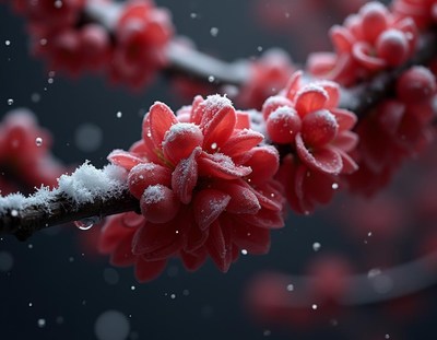 Red flowers bloom in the snow