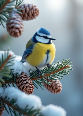 A blue tit perched on a snowy pine branch
