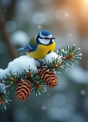 A blue tit perches on a snowy pine branch