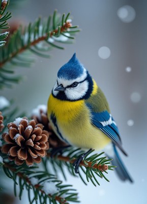 A blue tit perched on a snow-covered pine branch