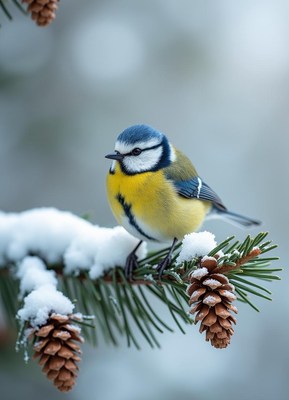 A blue tit perched on a snowy pine branch