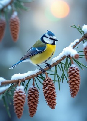 A blue tit perched on a snowy branch