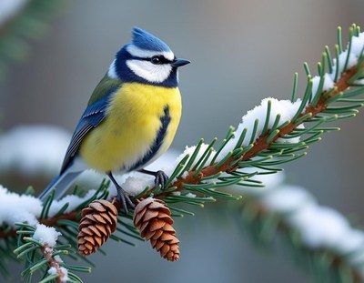A blue tit perches on a snowy pine branch