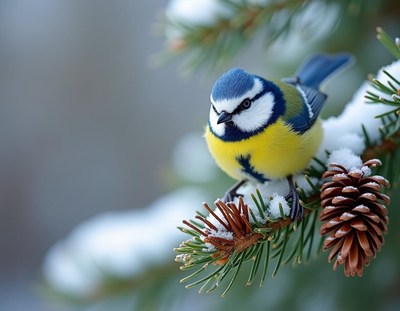 A blue tit perches on a snowy pine branch