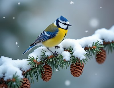 A blue tit perched on a snow-covered pine branch