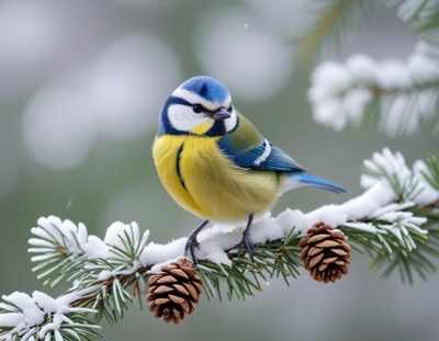 A blue tit perched on a snow-covered branch