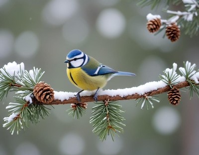 A blue tit perches on a snowy branch