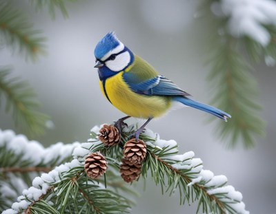 A blue tit perched on a snowy pine branch