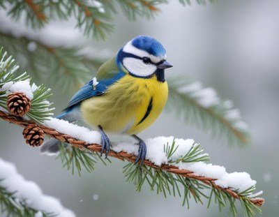 A blue tit perches on a snow-covered branch