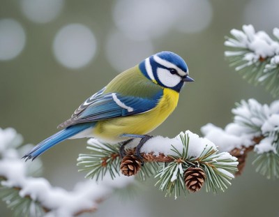 A blue tit perched on a snowy pine branch