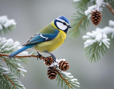 A blue tit perched on a snowy pine branch