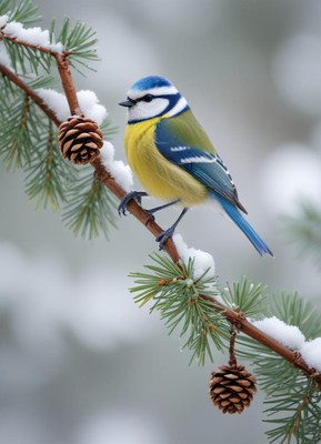 A blue tit perches on a snowy pine branch