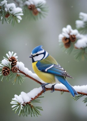 A blue tit perched on a snowy branch