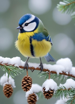 A blue tit perches on a snowy branch in the winter