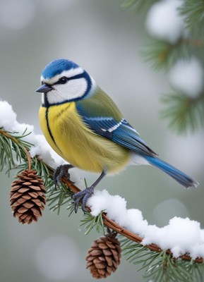 A blue tit perched on a snow-covered branch