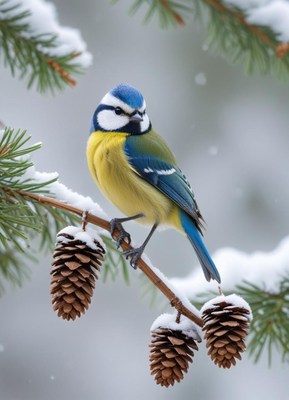 A blue tit perched on a snowy pine branch