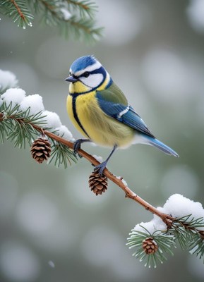A blue tit perched on a snowy pine branch