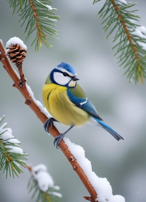 A blue tit perches on a snowy branch in winter