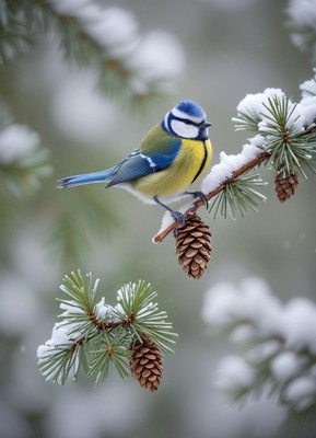 A blue tit perched on a snowy pine branch