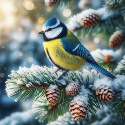 A blue tit perched on a snowy pine branch