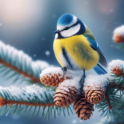 A blue tit perches on a snowy pine branch