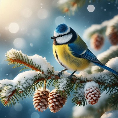 A blue tit perched on a snowy pine branch