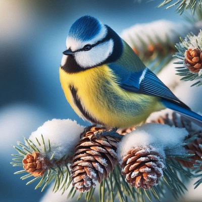 A blue tit perches on a snow-covered pine branch
