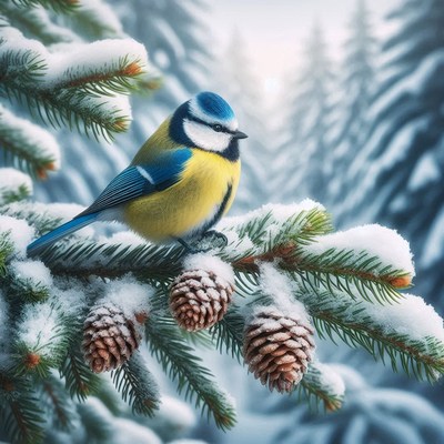 A blue tit perches on a snowy pine branch