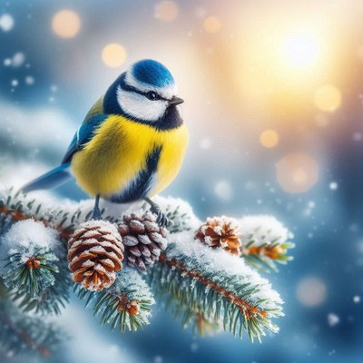 A blue tit perches on a snowy pine branch