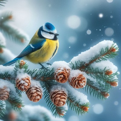 A blue tit perches on a snow-covered branch in winter
