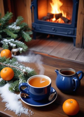 A warm cup of tea by the fireplace on a snowy day