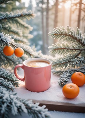 Pink mug of coffee on snowy forest table. 
