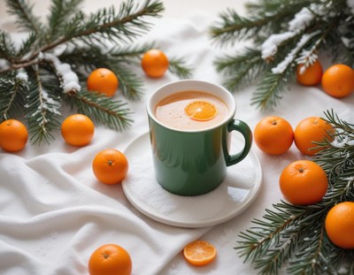 Tea with tangerine slice and fresh tangerines