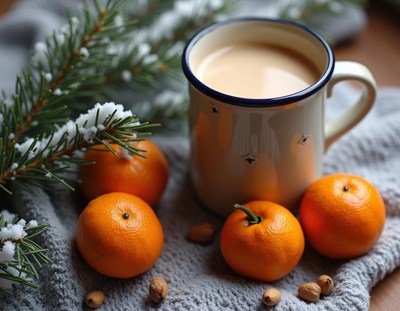 Tea on a blanket with oranges and pine
