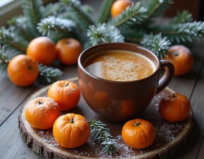 A warm cup of coffee and oranges on a wooden table
