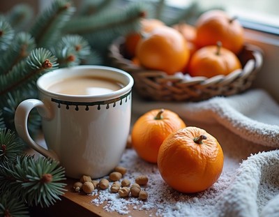 Coffee rests on a table with oranges and pine