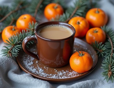 A cup of coffee with mandarins and pine