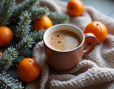 A warm cup of coffee with oranges and pine branches