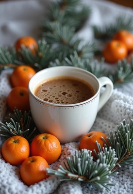 Hot cocoa with tangerines on a cozy blanket