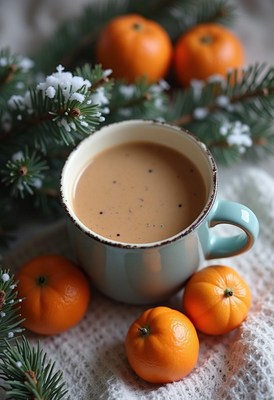 A warm cup of coffee and oranges on a snowy day