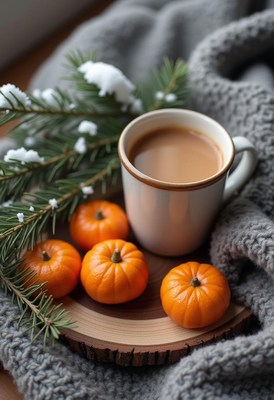 A cup of coffee with pumpkins and pine on a cozy blanket
