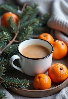 Coffee, tangerines, and pine on a wooden tray
