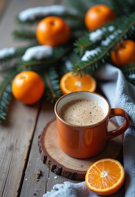 A cup of coffee with frothy milk sits on a wooden coaster