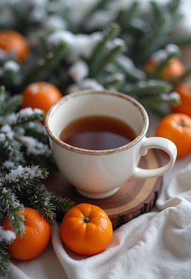 Tea on a coaster with oranges and pine branches
