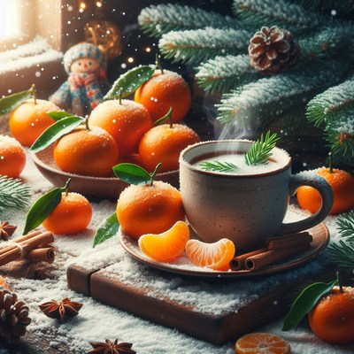 Tea with tangerines and cinnamon on a snowy day