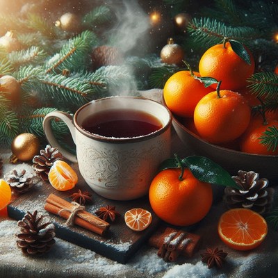 A steaming cup of tea with fresh oranges and cinnamon sticks