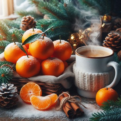 A steaming cup of coffee and juicy mandarins on a snowy day