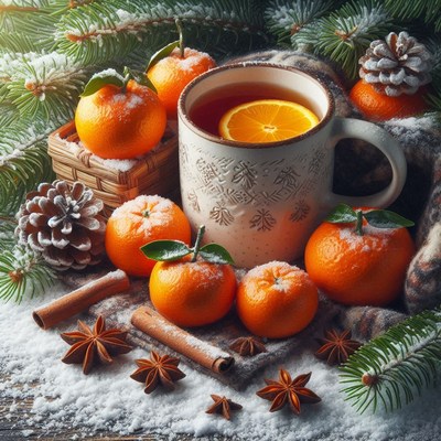 A mug of tea sits on a wooden table covered in snow