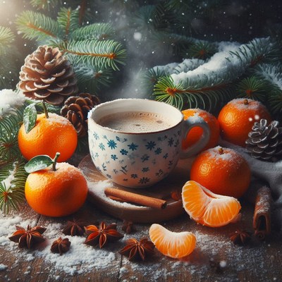 A warm cup of coffee on a snowy winter day